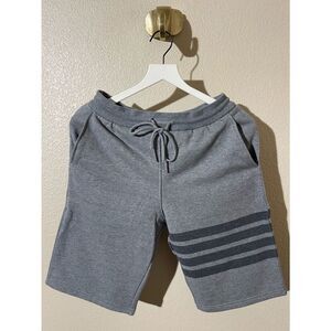 Thom Browne Gray Knit Drawstring Athletic Shorts with Stripe